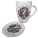 Tasse und Teller M.N. Njechorński- monatliche Motive mit niedersorbischem Schriftzug