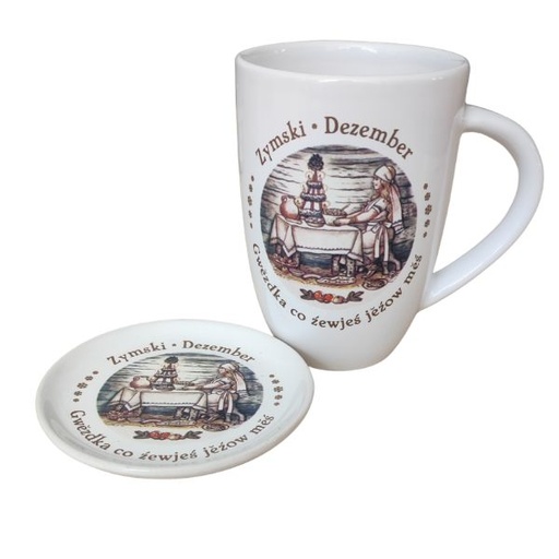 Tasse und Teller M.N. Njechorński- monatliche Motive mit niedersorbischem Schriftzug